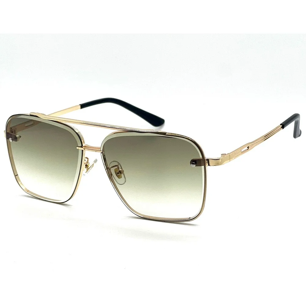 Men's Oversized Square Aviator Sunglasses Gold Frame Gradient Green Lenses Gafas